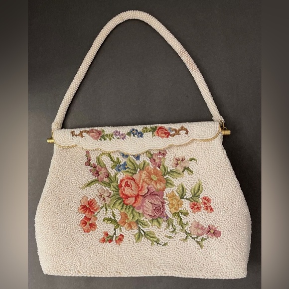 Ivory Beaded PetitPoint Roses Envelope Clutch Purse w/ 5” Drop Handle 9x7x1.5 - Picture 8 of 8